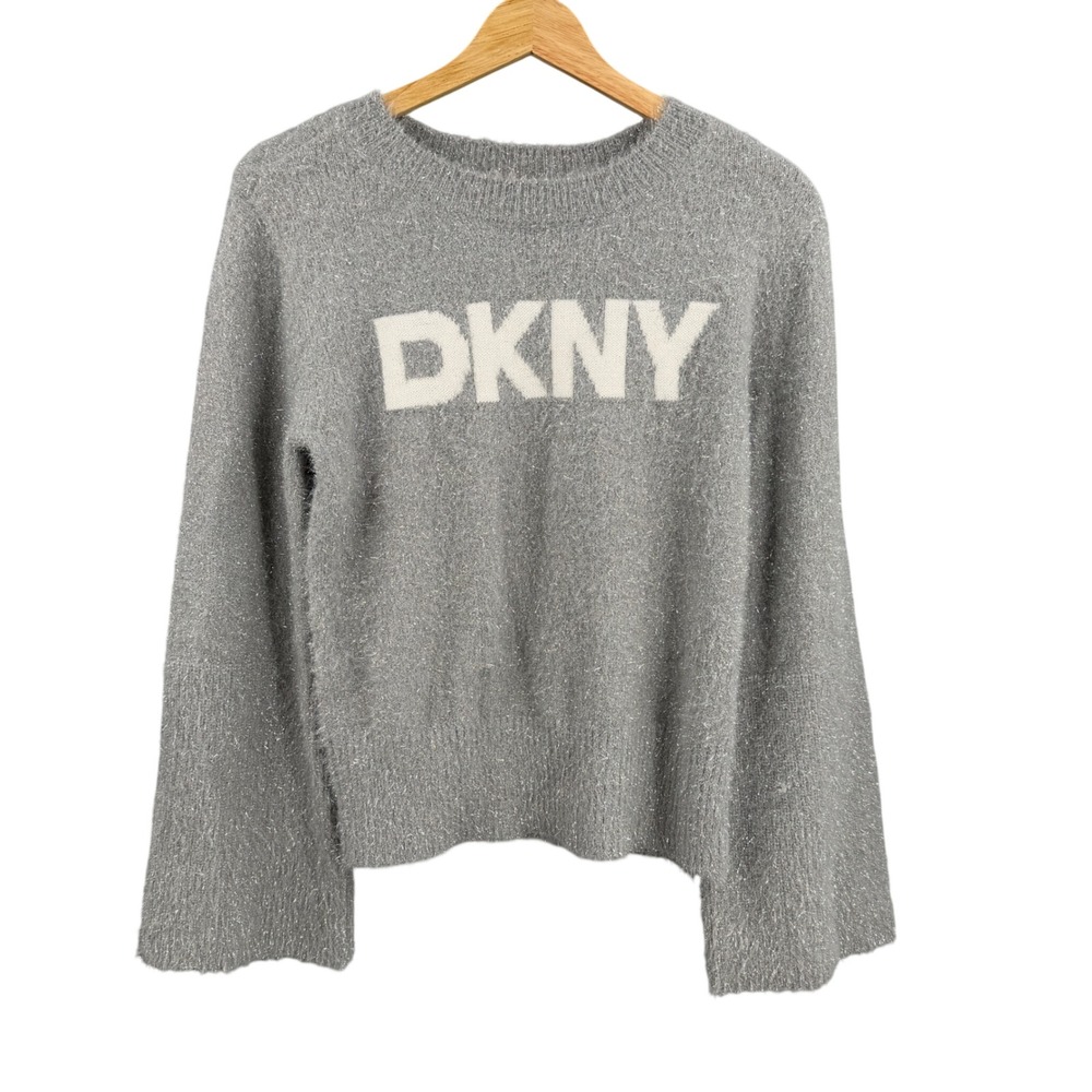 DKNY Jeans Sweater‎ Gray Metallic Fuzzy Logo Bell Sleeve Size Small